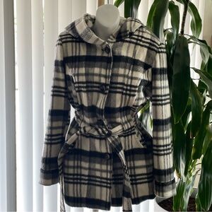 Apt. 9 Pea Coat Plaid Black White Jacket Hooded‎ with Belt Women’s Size Medium